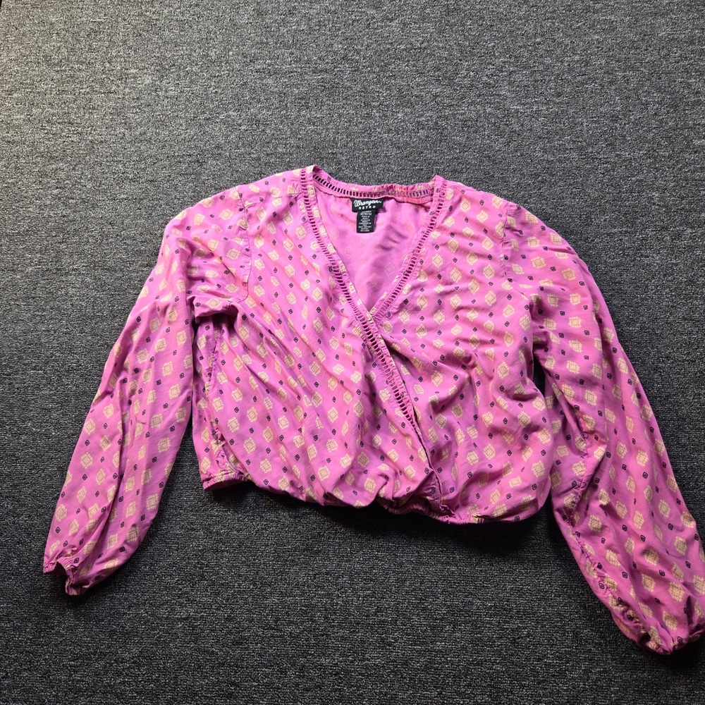 Wrangler Retro Blouse Womens Medium Pink Geometric Wrap Surplice Boho Western